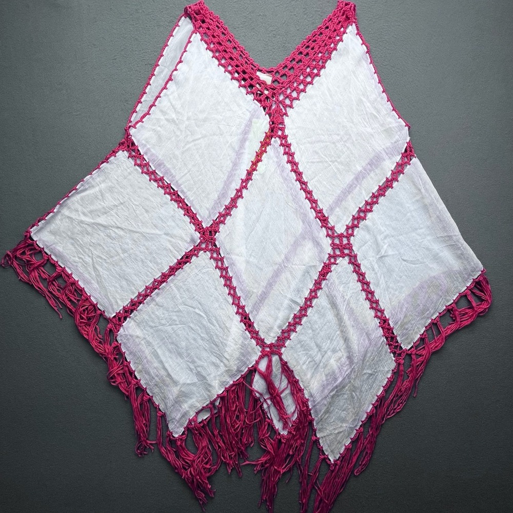 Boho Women Crochet Fringe Handkerchief Top White Pink One Size Festival